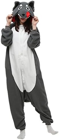 FandecieUnisex Adult Pajamas Kigurumi Costume Anime Animal Cosplay Onesies Halloween Sleepwear Fancy Dress Gray Wolf Suitable for Height 160-175cm