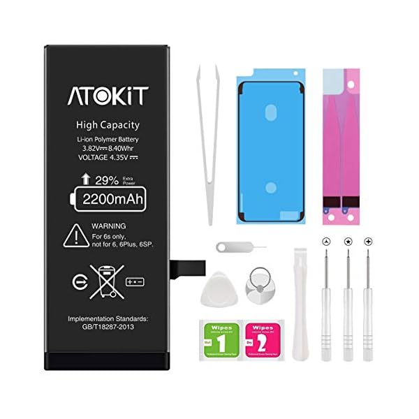 Akku für iPhone 6s 2200mAh, Atokit hohe Kapazität mit 29% mehr Polymer-Lithium-Batterie, Ersatz Austausch mit Werkzeug Set, Screen Adhesive, Klebestreifen und 24 Monate Garantie