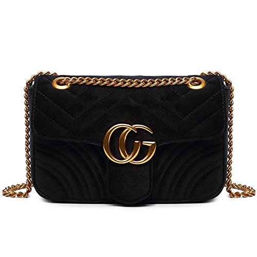Preisvergleich Produktbild MISSKEEK Goldkette Mini-Tasche - Umhängetasche Mini Cross Body Damen Handtasche Clutch Classic Abendtasche (Schwarzer Samt, Groß)
