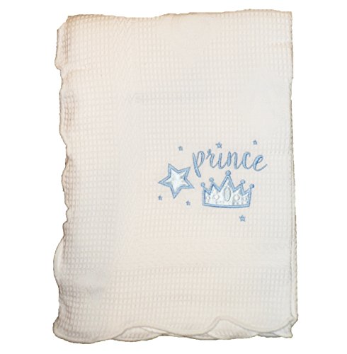 Gorgeous White Waffle ABC Baby Cotton Shawl BLUE PRINCE STAR & CROWN Design With Scalloped Edging - 100% Cotton