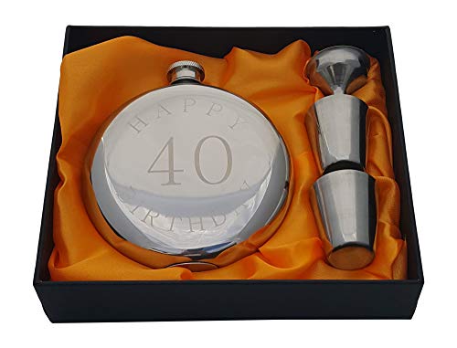 Fiaschetta Happy 40th Birthday (Buon Compleanno), set regalo, Acciaio inossidabile, Silver with 40 Engraved, 10 Ounce