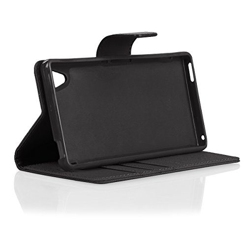 EGO® Bookstyle Handy Tasche mit praktischer Aufstellfuntkion für Sony Xperia M4 Aqua Schwarz Flip Case Magnetverschluss Book Cover mit Kartenfach Wallet Stand Schutz Hülle Canvas - 2