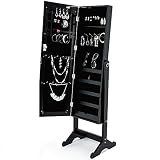 Deuba Schmuckschrank mit Spiegel Standspiegel schwarz stehend & abschließbar Schmuckkasten Spiegelschrank 149 x 40 x 40cm