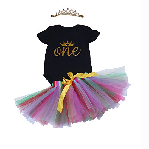 BabyPreg 3pcs bébé Filles 1er Anniversaire Robe Tutu Jupe Onesie Bandeau Outfit (XL / 12-18 Mois, Noir)