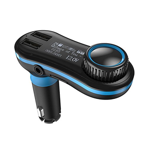 Basacc Wireless In-Car Bluetooth FM Transmitter 2.1 A USB Port Car Charger - Built-in Mic, SD Card Slot, Aux Port & LCD Display Song Lyrics/Voltage For Apple iPhone X/8 Plus/Samsung Galaxy S9/S9+,Blue