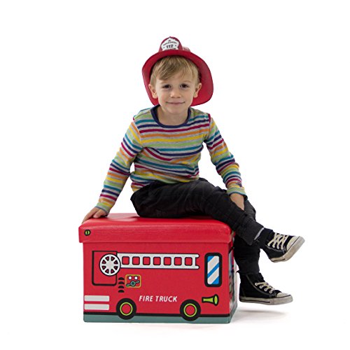 Relaxdays Faltbare Spielzeugkiste Feuerwehr HBT 32 x 48 x 32 cm stabiler Kinder Sitzhocker als Spielzeugbox aus Kunstleder mit Stauraum ca. 37 l und Deckel zum Abnehmen für Kinderzimmer, Firetruck - 2