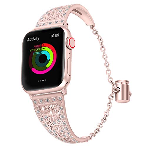 Preisvergleich Produktbild Blumenmuster Einstellkette Edelstahlband ausgehöhlte Bling Bänder kompatibles Stras -Edelstahl Armreif Armband dekoratives Uhrenarmband, für Frauen,Für Apple Watch 38 / 40mm (rosa)