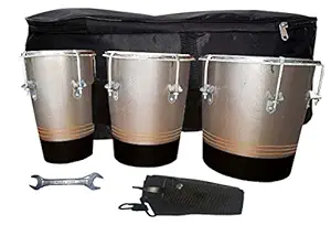 GT manufacturers Professional Three Piece Hand Made Wooden Bongo Drum Set With Tool Kit (Silver/Black)