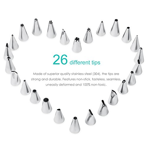 Oria Kuchen Spritztüllen Set, Professionelle 26 Stück Kuchen Einrichtungstipps, Hochwertigen Edelstahl Sahnehäubchen Rohrleitungen Düsen Gebäck Tipps mit 1 Wiederverwendbare Silikon Sahnehäubchen Tasche + 1 Standard Koppler + 1 Blume Nagel - 2