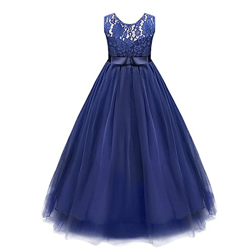 IBTOM CASTLE Enfant Fille Robe Cérémonie Tutu Princesse Dentelle Robe d'Eté Longue pour Soirée Mariage Demoiselle d'honneur Baptême Anniversaire Fête Photographie Cocktail Bleu Foncé 11-12 Ans