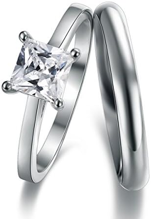 Classic Princess Cut Solitaire Engagement Ring With 3mm D-Shape Heavy Silver Wedding Band Ring In Sizes Complete With Gift Ring Box