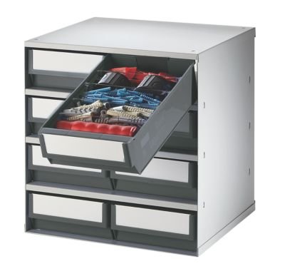 Schubladenmagazin, Gehäuse-Traglast 75 kg - HxBxT 395 x 380 x 300 mm, 8 Schubladen - Schubladen glasklar - Klarsichtmagazin Kleinteilemagazin Lagersystem Magazin Schubladenmagazin Schubladensystem