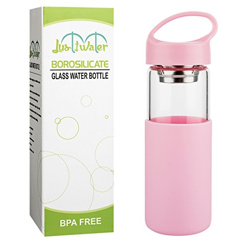 Justfwater Botella de Agua de Vidrio de Borosilicato con Funda de Silicona, Filtro - 450 ml