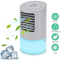 Mini climatiseur portable Air Cooler Climatiseur portable Mini Air Cooler Climatiseur Personnel Mini climatiseur pour chambre à coucher, humidificateur avec 2 minuteurs 3 vitesses 7 couleurs LED