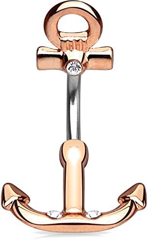 HBJ Unisex Belly Button Piercing Anchor Stainless Steel Clear Cubic Zirconia Belly NAL13479 Rosé Gold