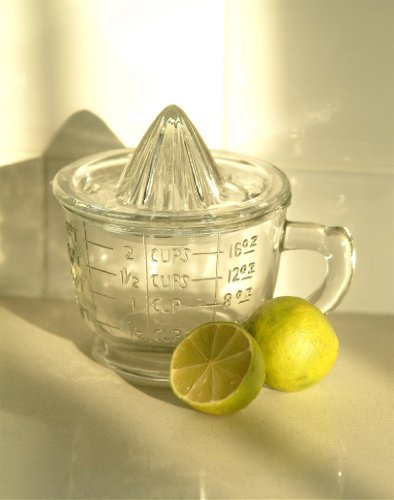 Glas Zitruspresse und Messbecher im altmodischen Stil