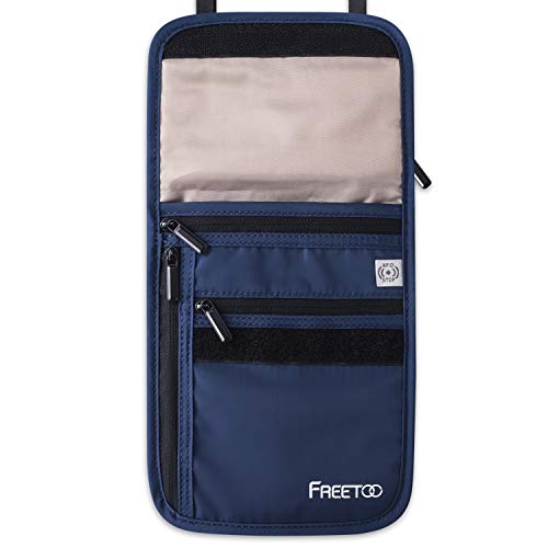 Pochette Secrete,FREETOO Pochette Tour de Cou RFID Anti-Vol Léger et Doux pour la Peau Près du Corps Polyvalence Idéal pour Les Voyages à l'étranger Partir en Mission Porter Bleu