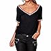 Produktbild BA Zha Hei Elegant Frauen Modisch Damen Kurzarm V-Ausschnitt Rippstrick-T-Shirt T-Shirt Top Damen Sommer Oversize Kurzarm Tiefe V-Ausschnitt Sehr Angenehm zu Tragen Bluse Tunika Tanktop (Schwarz, S)