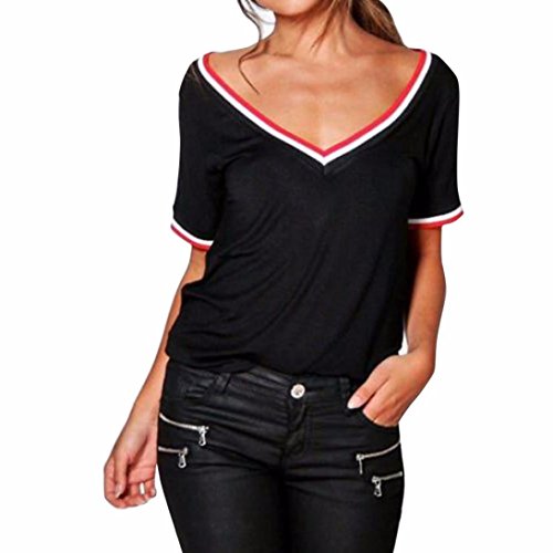 Preisvergleich Produktbild BA Zha Hei Elegant Frauen Modisch Damen Kurzarm V-Ausschnitt Rippstrick-T-Shirt T-Shirt Top Damen Sommer Oversize Kurzarm Tiefe V-Ausschnitt Sehr Angenehm zu Tragen Bluse Tunika Tanktop (Schwarz, XL)