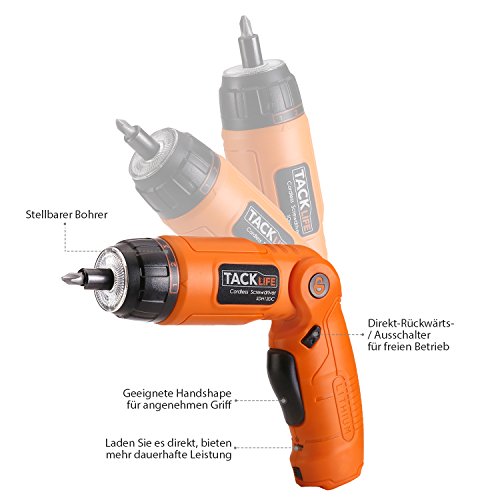 Tacklife SDH13DC Advanced Akku-Bohrschrauber 3-Position&6-Geschwindigkeitsregelung inkl.10 Bits USB-Ladegerät, LED Licht, 3.7Volt, Max. Drehmoment 4.0N.m(Orange-Schwarz ) - 2