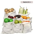 Kurtzy Reusable Eco-Friendly Washable Organic Cotton Mesh Produce Fridge Storage Bag for Vegetable, Fruits, Toys and Grocery (Ivory, 8 Packs)