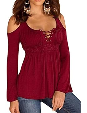 Damen Langarmshirt,ZJCTUO Damen Bluse Lange Ärmel Schulterfrei Lace Kreuz Up Neck T-Shirt Casual Slim Tops Blouse...