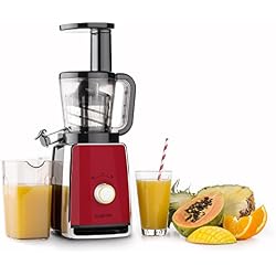 KLARSTEIN Sweetheart - Centrifugeuse, Presse-Fruits Vertical, Micro Filtre en Acier Inoxydable, Slow Juicer, 150 W, 32 Tours/Min, Presse en vis, Marche Avant/arrière, Silencieux, Rouge