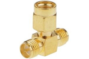 CABLEPELADO Adaptador triple T RF RP-SMA hembra a 2x RP-SMA Macho | RP-SMA hembra a 2 RP-SMA macho | 50 ohmios | Latón | Chapado en Oro