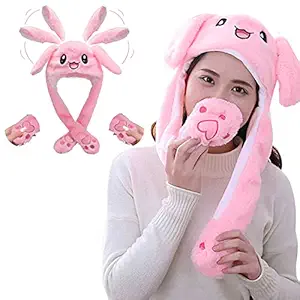 PATPAT Plush Animal Bunny Dancing Ears Hat, Rabbit Moving Ear Flaps and Press Paws for Girls Women Kids (Pink)