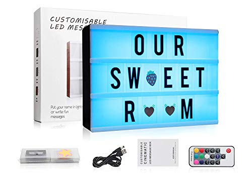 Cinema Light up Box, A4 Color Changing Light up Sign, LED Cinematic Message Letter Light Sign Box with 120 Letters Numbers and Emojis -Remote Control