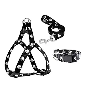 Petlicious & More 10 mm Paw Print Puppy Collar, Harness & Leash Set for Small & Medium Dogs (Color May Vary) - Pack of Collar + Harness + Leash