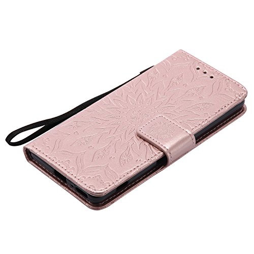 Sony Xperia XA Hülle,Sony Xperia XA Leder Sonnenblumen Hülle,Sony Xperia XA Lanyard Wallet Schutzhülle,BONROY® Retro geprägte Sonnenblumen Muster PU Leder Flip Hülle Wallet Case Tasche Cover Handytasche Schutzhülle Lederhülle Handyhülle in Book Style Stand Case mit Kredit Kartenschlitz für Sony Xperia XA-Rose Gold - 3