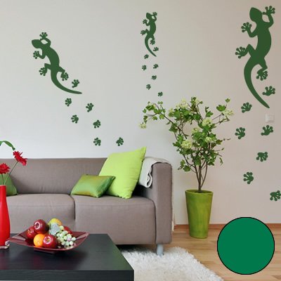 A088 Wandtattoo "3x Gekkos + Spuren" | 60cm | 40cm | 17cm | gruen (40 Farben u. 3 Größen)