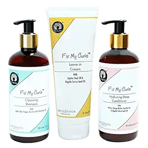 Fix My Curls Complete Curl Care Bundle with Cleansing Shampoo, Hydrating Deep Conditioner and Leave in Cream For Curly And Wavy Hair, Sulphate & Silicone Free, CG Friendly, Enriched with Apple Cider Vinegar, Anti-Hairfall & Anti-Frizz Solution (250gm)