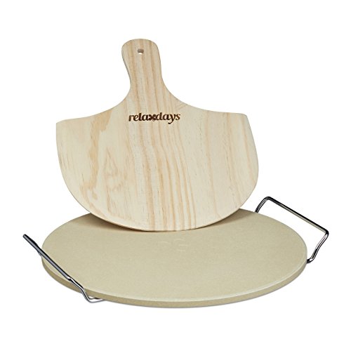 Relaxdays Pizzastein Set 1 cm Stärke mit Metallhalter und Pizzaschieber aus Holz HBT 4 x 32 x 32 cm runder Brotbackstein für Pizza und Flammkuchen mit Pizzaschaufel für Pizzaofen, natur - 3