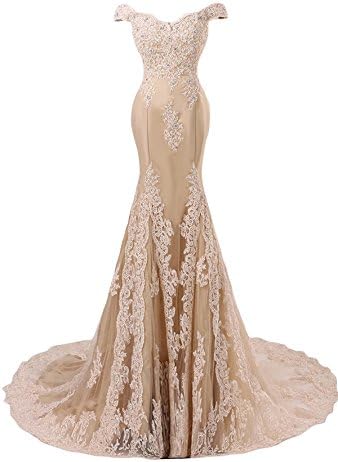 M Bridal Women's Crystals Lace Appliques Off-The-Shoulder Mermaid Evening Dress Champagne US Size 4