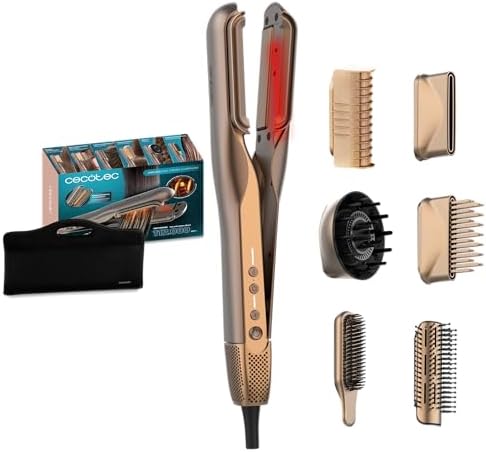 Cecotec Piastra e Asciugacapelli per Capelli AirLisse 6in1 iTwerk Champagne. 1000 W, 112000 rpm, Piastre Vibranti, Doppia Piastra Riscaldante, Tecnologia Infrarossi, 3 Modalità, Plasma, 6 Accessori