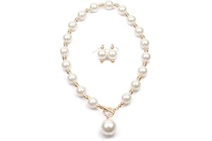 Borsgye Women's Faux Pearl Choker Necklace & Earrings Set - 19 Round White Pearls, 14 inches, Art Deco, Flapper Glamour, Wedding, Homecoming, Prom, Anniversary, Formal Party, Gift