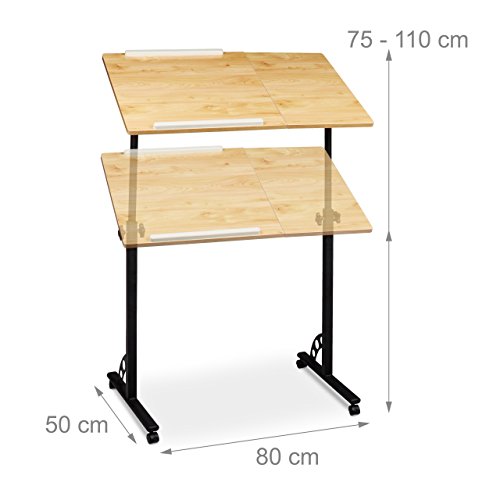 Relaxdays Laptoptisch groß höhenverstellbar H x B x T: 110 x 80 x 50 cm Mobiles Rednerpult mit Rollen zum Bremsen für Notebook mit Ablage für Beamer, große Laptops, Mäuse etc. Eiche (natur) - 3