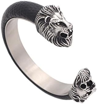 Caiyan Double Lion head Retro leather titanium steel Casting bracelets for men