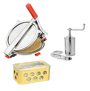 Vessel Crew Combo of Stainless Steel Puri/Roti Maker Press, Steel Sev/Namkeen Maker and Plastic Butter Pot