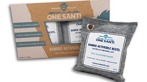 Luftentfeuchter mit Bambus-Aktivkohle von ONE SANTI ✲ Das Aktivkohle Säckchen im 2er Set ✲ Der beste umweltfreundliche Lufterfrischer und effektive Geruchsentferner – Dein Geruchsneutralisierer für Auto, Küche, Schrank, WC, Wohnwagen oder Sport-tasche - 2