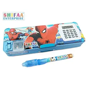 Shifaa Enterprise Magnetic Pencil Box with Calculator for Girls & Boys for School, Cartoon Printed Pencil Case for Kids, Birthday Gift (Blue)