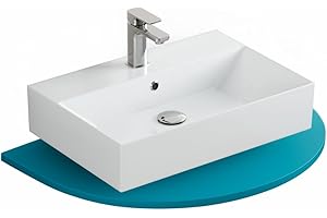 ‎AQUA BAGNO Aqua Bagno Waschbecken 60 cm eckig, Aufsatzwaschbecken mit Hahnloch & Überlauf, modernes Waschbecken Bad aus Keramik, weiß Hochglanz, dünner Rand, wandhängender Waschtisch für Badezimmer