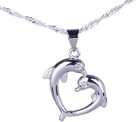 Aokeshen 1pcs 25*20mm Gorgeous Double Dolphins Dangle Necklace Pendant Silver Plated Charm Women Lady's Girls Wedding Party Jewellery Gift Favour