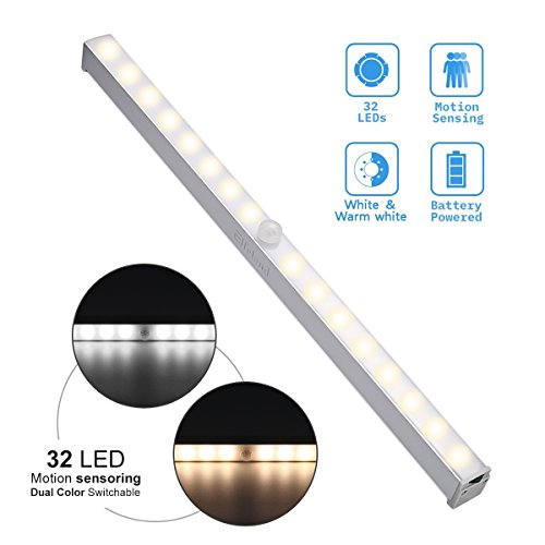 Preisvergleich Produktbild LED Schrankbeleuchtung, Elfeland 32 LEDs Dimmbar Nachtlicht mit Bewegungsmelder, LED-Lichtleiste mit Magnetstreifen, Neue Version Batteriebetriebene Sensor Schrankleuchte mit 2 Farbwechsel (weiß / warmweiß) für Schränke, Kleiderschrank, Küche, Schlafzimmer, Treppe, Gang, Schubfach- 1 Pack