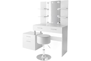 Vicco tavolo da toeletta Maria, Bianco, 132 cm con illuminazione LED e sgabello