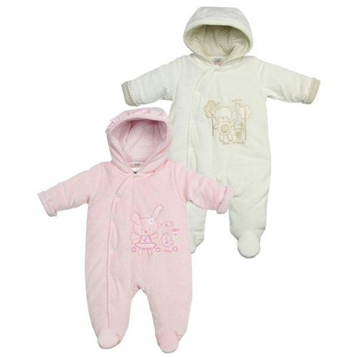 Gorgeous Baby Velour Snowsuit With Polka Dot Lining, Frill Detail To Hood & Embroidered Bunny Motif By Baby Town. Pink Age Newborn