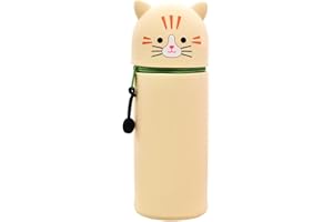 GDFJBG 2-in-1 Silikon Federmäppchen - Dinosaurier,Kawaii,Tischstifthalter Federtasche Tischstifthalter, Reißverschluss, Silikon, Stiftetasche Buntstifte Marker (Orange Katze)