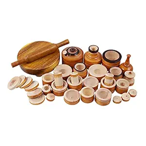 Paljji Handicrafts Eco Friendly Wooden Rural Kitchen Toy Set for Kids, Yellow-Colour, Pack of 32|Kids Chakla Belan